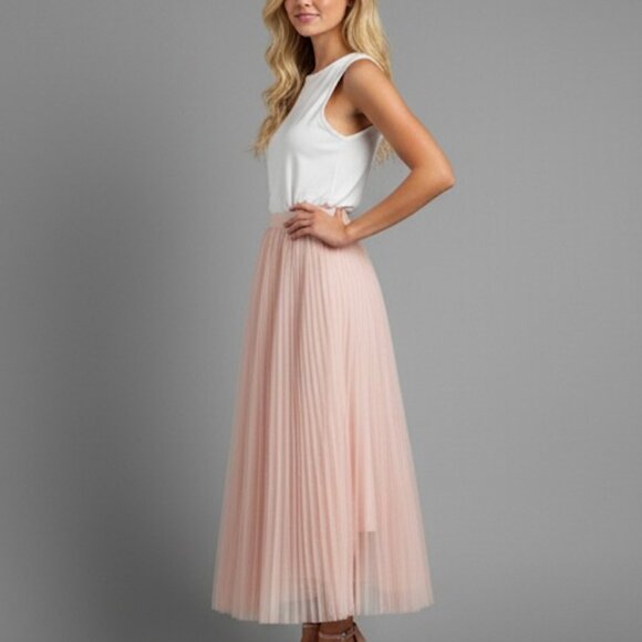 Baby Pink Mesh Tulle Pleated Skirt - Picture 2 of 10